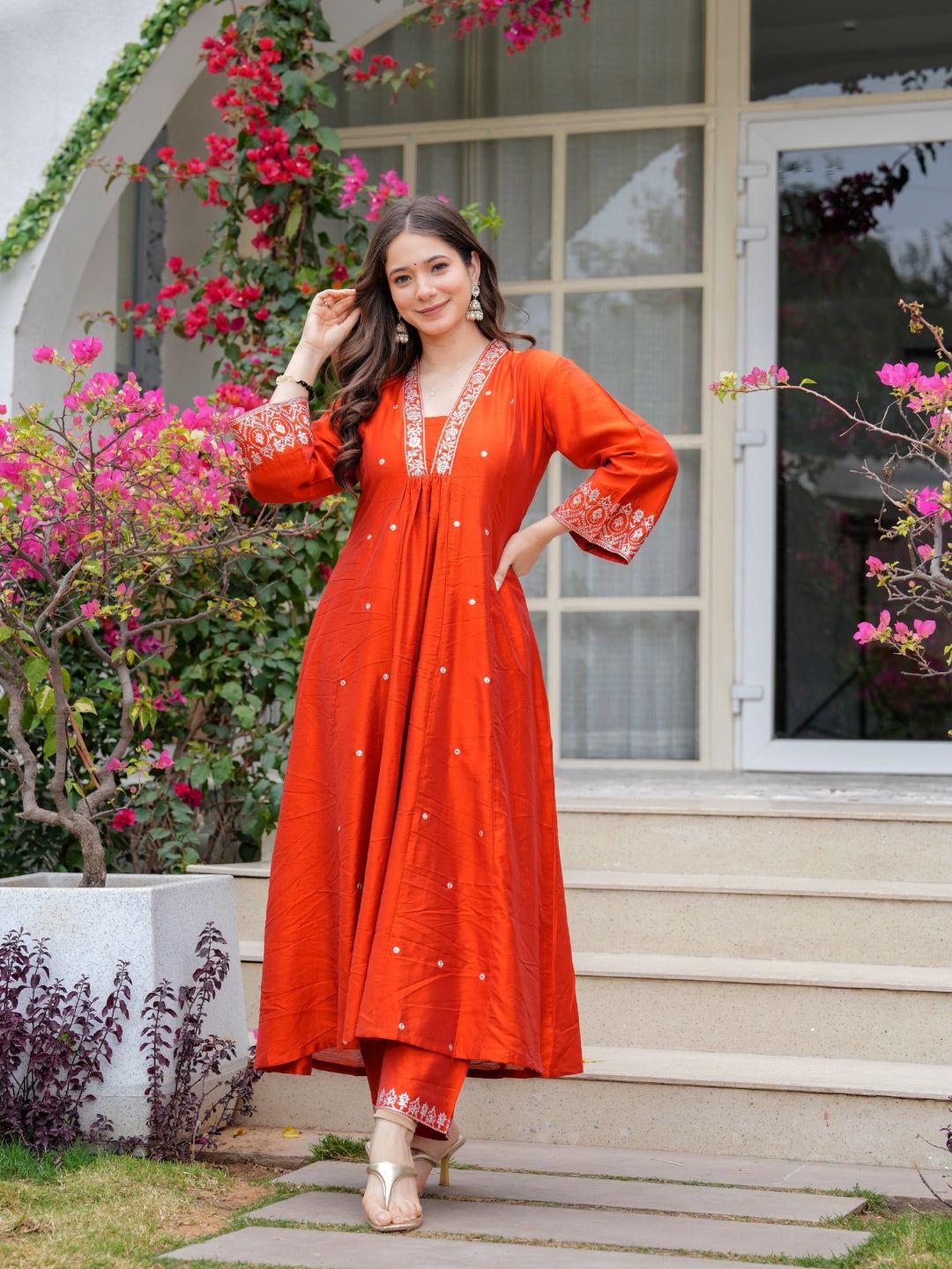 Graceful Orange Chanderi Kurta Pant Dupatta Set Women