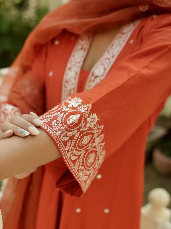 Graceful Orange Chanderi Kurta Pant Dupatta Set Women