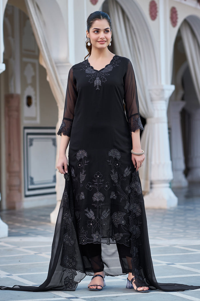 Elegant Black Georgette Kurta Pant Dupatta Set Women