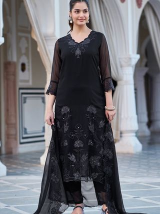 Elegant Black Georgette Kurta Pant Dupatta Set Women