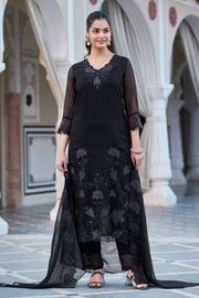 Elegant Black Georgette Kurta Pant Dupatta Set Women - Black