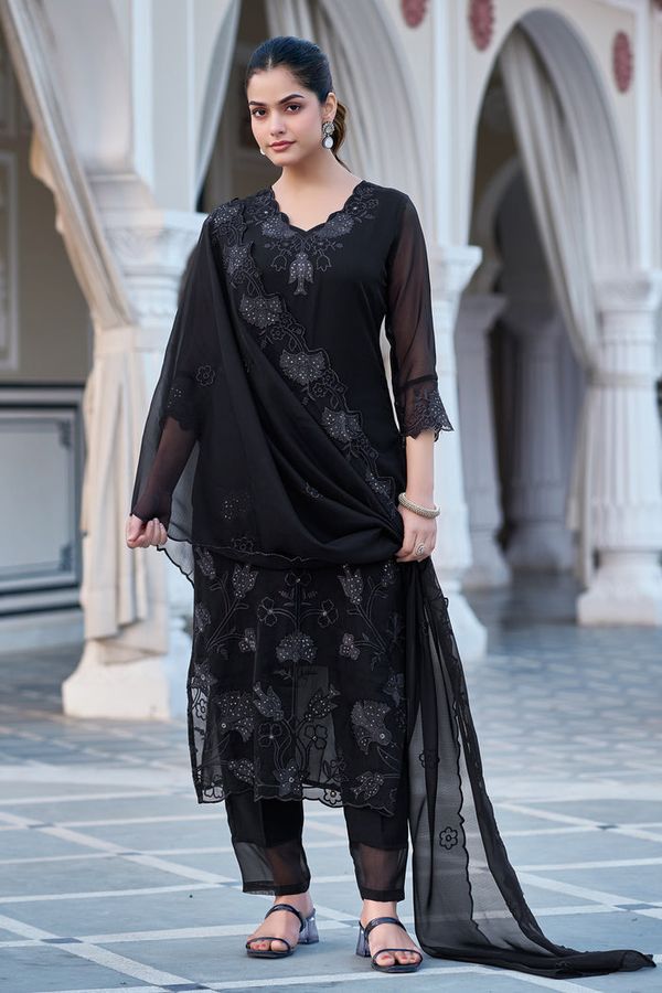 Elegant Black Georgette Kurta Pant Dupatta Set Women
