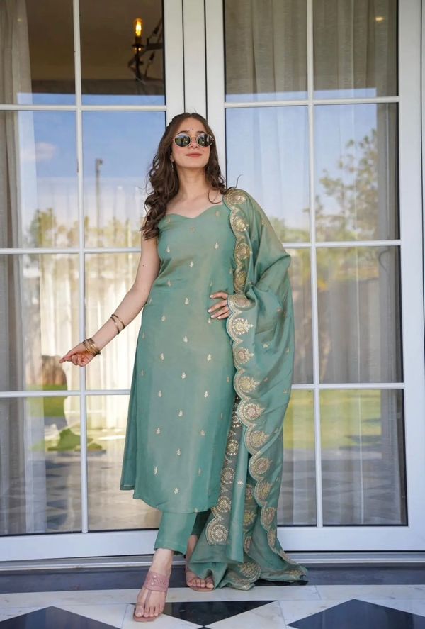 Sea Green Zari Chanderi Kurta Pant Dupatta Set Women