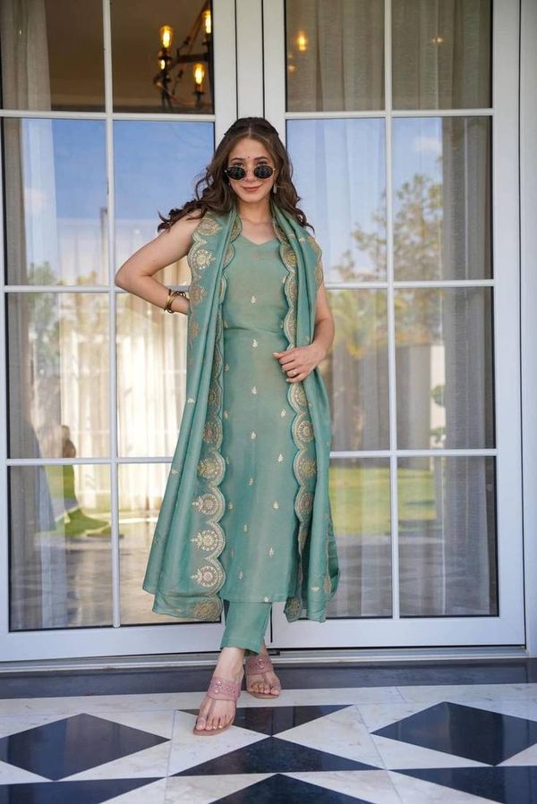 Sea Green Zari Chanderi Kurta Pant Dupatta Set Women