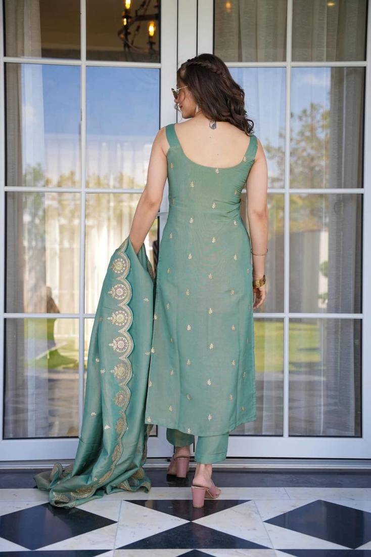Sea Green Zari Chanderi Kurta Pant Dupatta Set Women