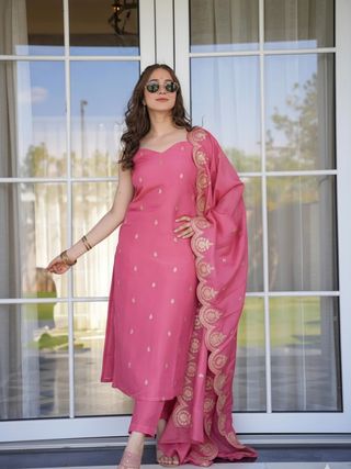 Rose Pink Zari Chanderi Kurta Pant Dupatta Set Women