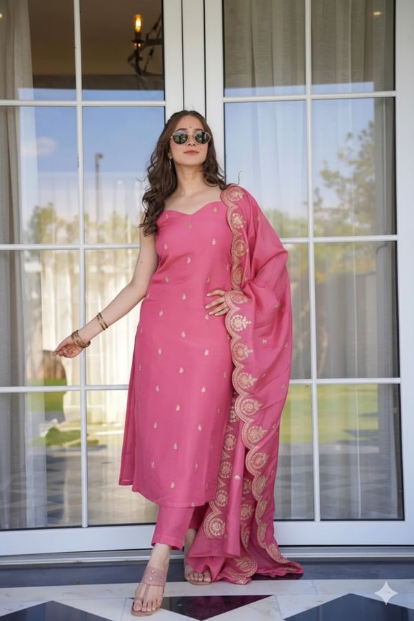 Rose Pink Zari Chanderi Kurta Pant Dupatta Set Women