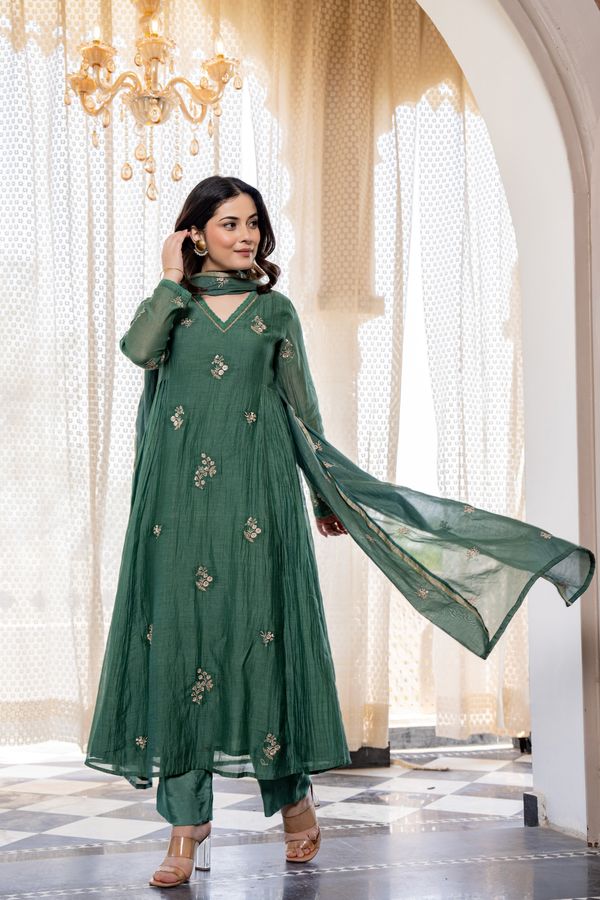 Green Chanderi Silk Kurta Pant Dupatta Set for Women
