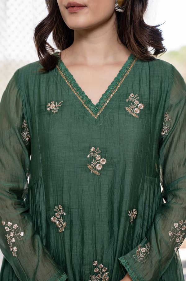 Green Chanderi Silk Kurta Pant Dupatta Set for Women