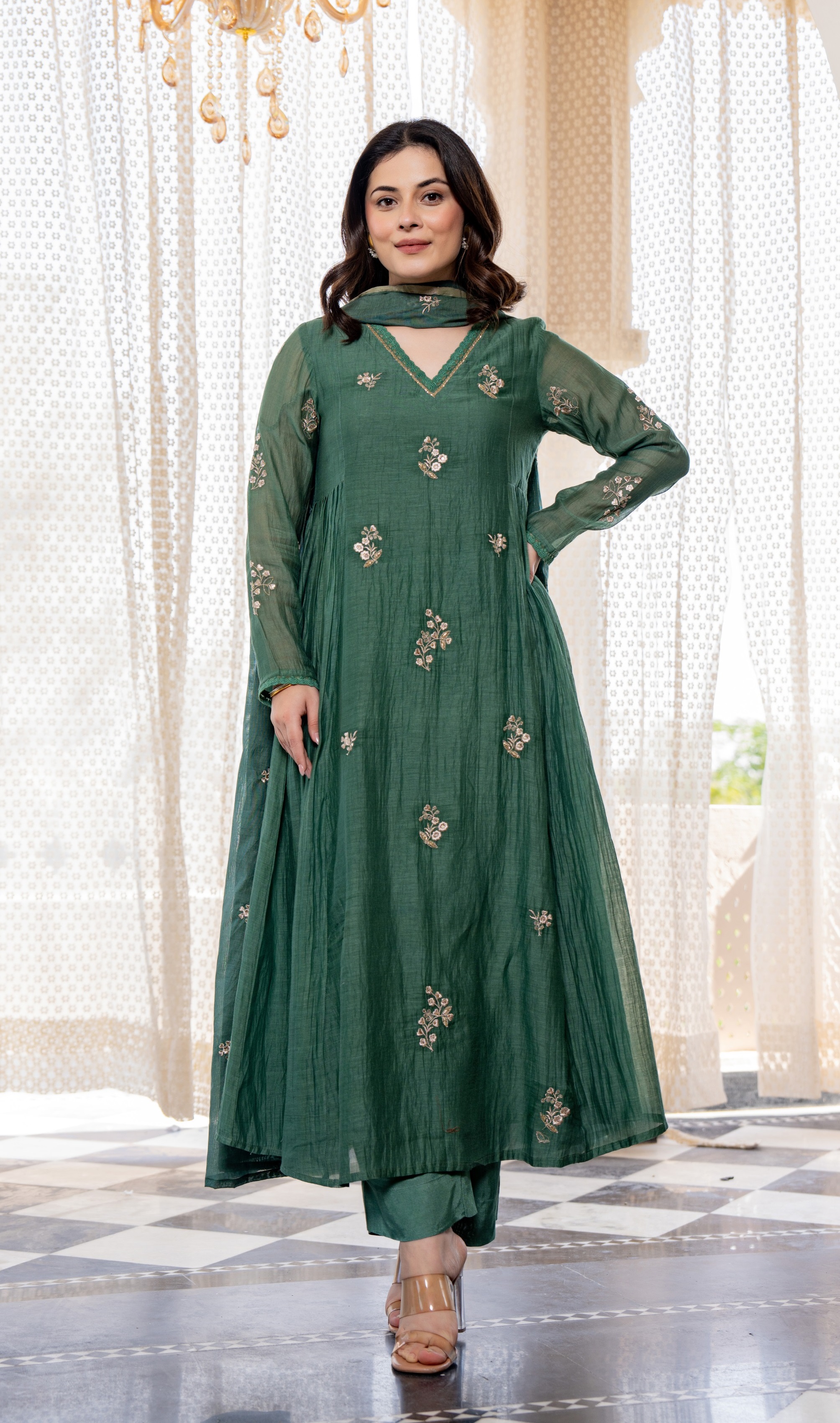 Green Chanderi Silk Kurta Pant Dupatta Set for Women