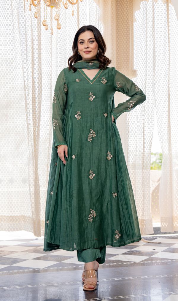 Green Chanderi Silk Kurta Pant Dupatta Set for Women