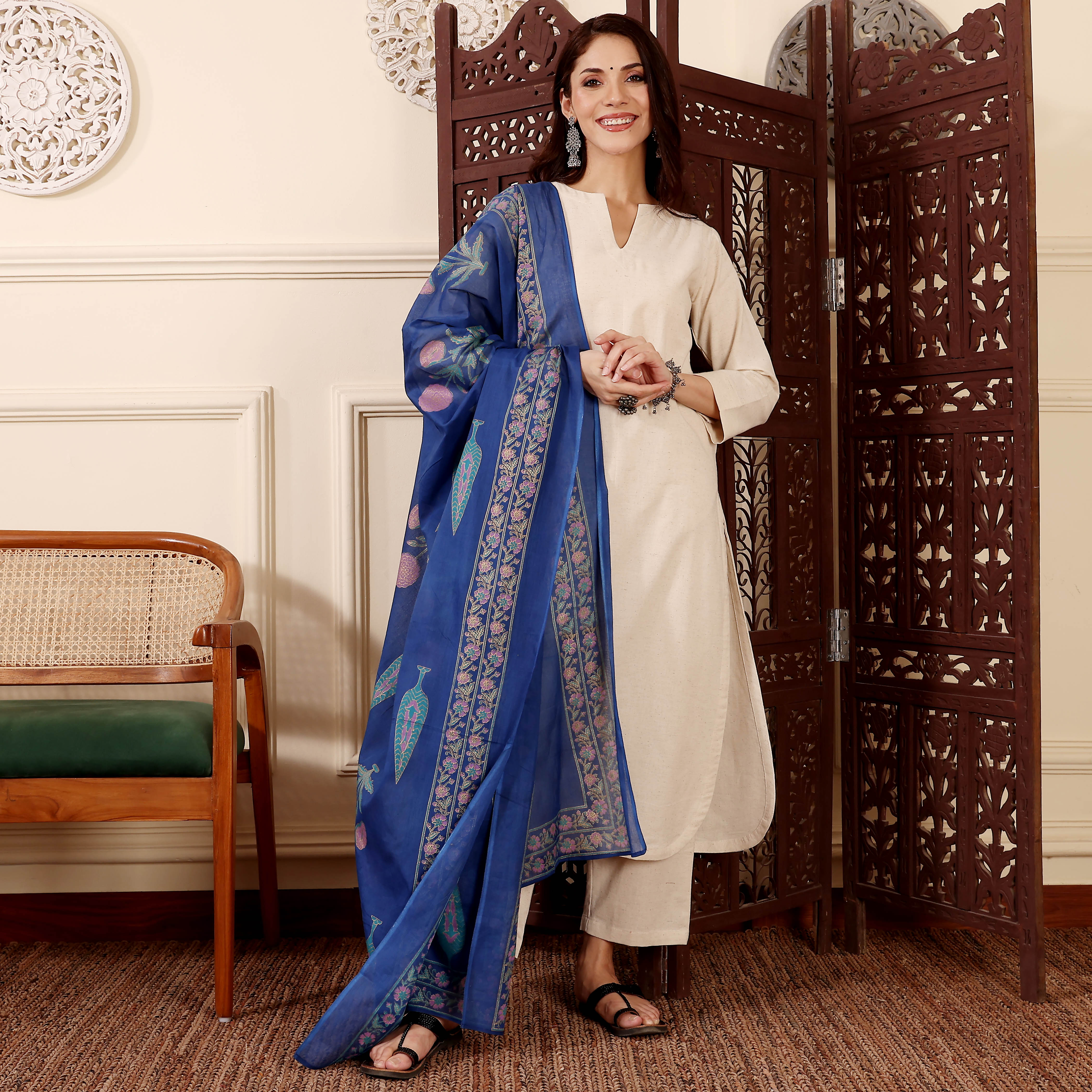 Beige Kurta Set with Blue Chanderi Dupatta for Women