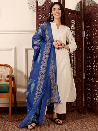 Beige Kurta Set with Blue Chanderi Dupatta for Women