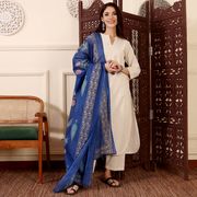 Beige Kurta Set with Blue Chanderi Dupatta for Women - Cream