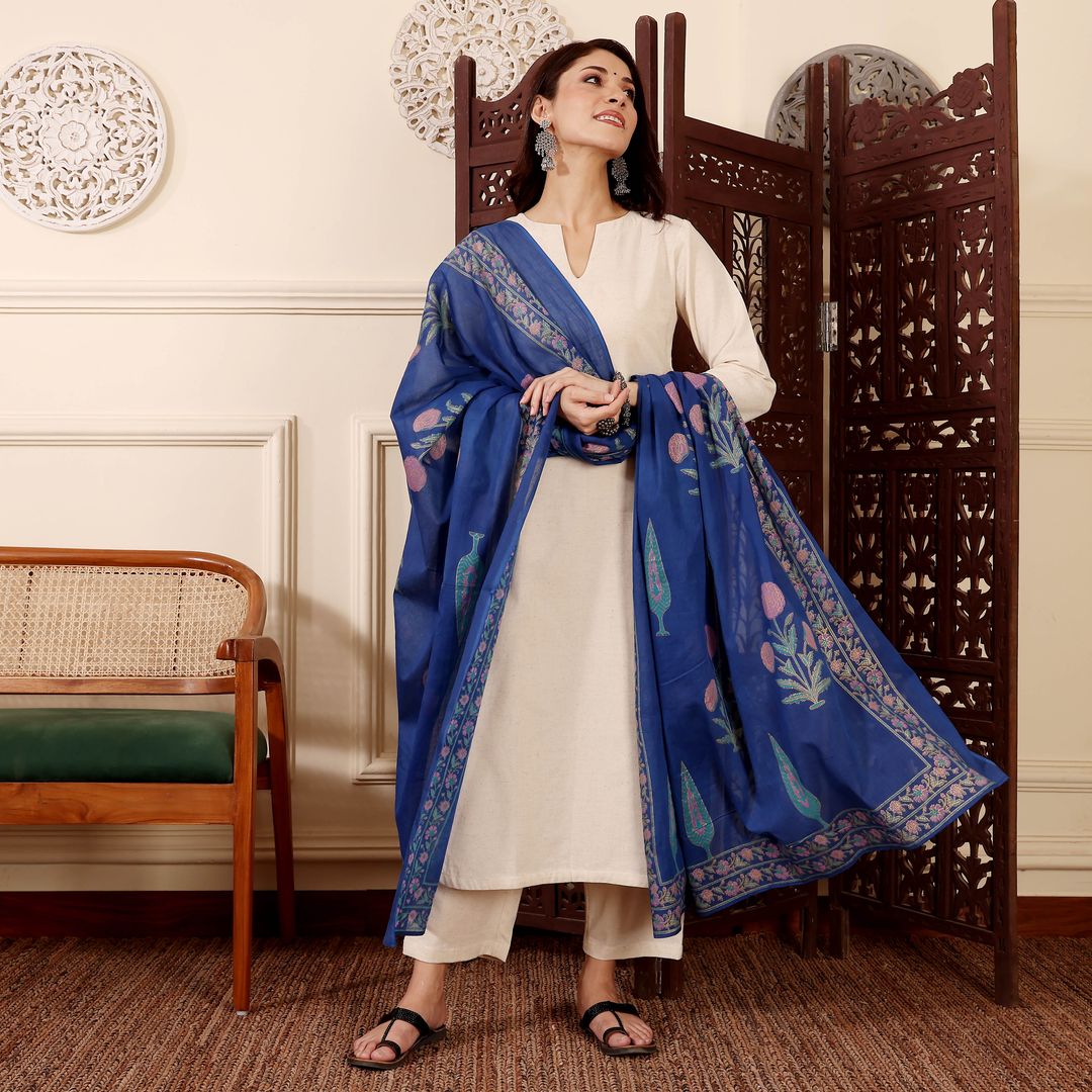 Beige Kurta Set with Blue Chanderi Dupatta for Women