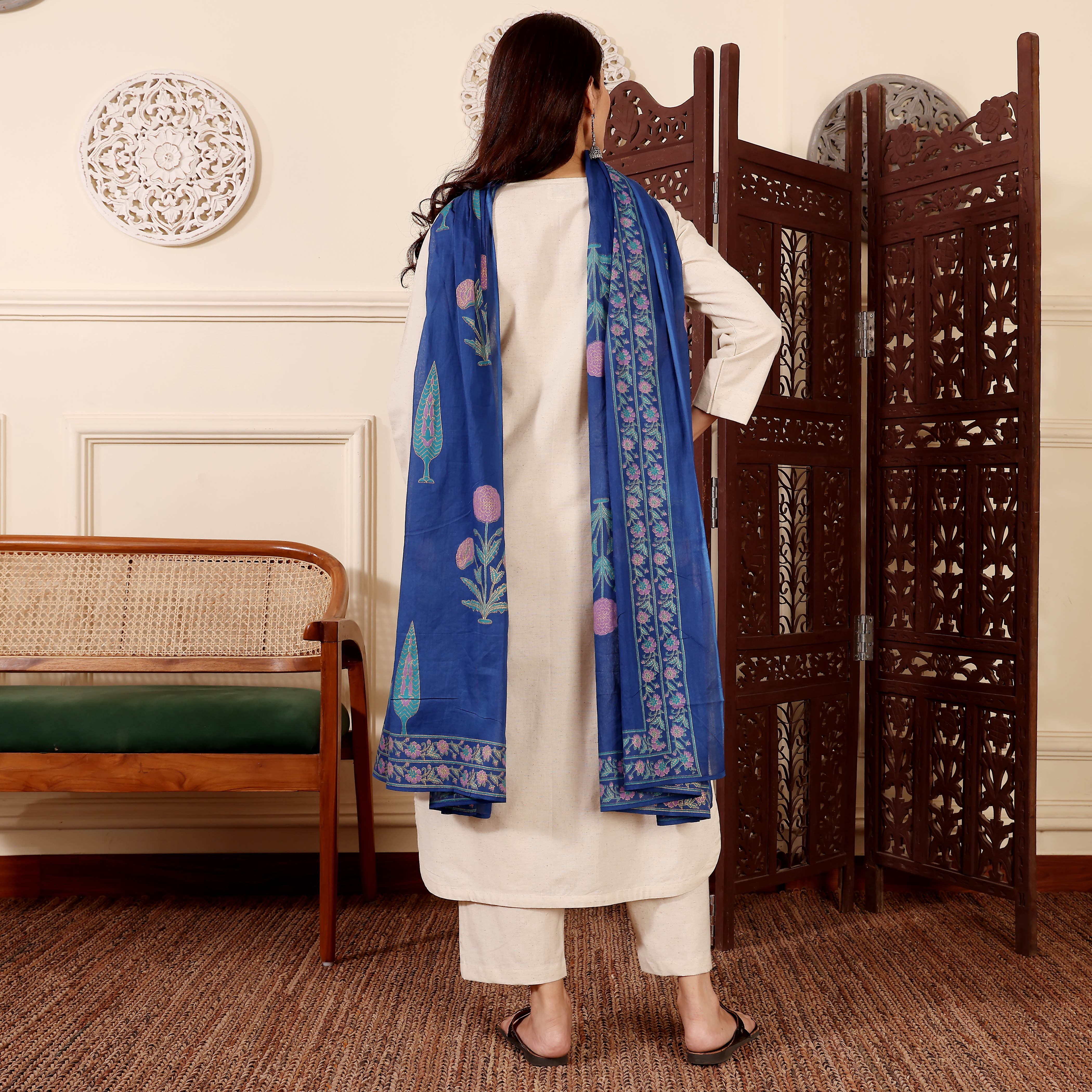 Beige Kurta Set with Blue Chanderi Dupatta for Women