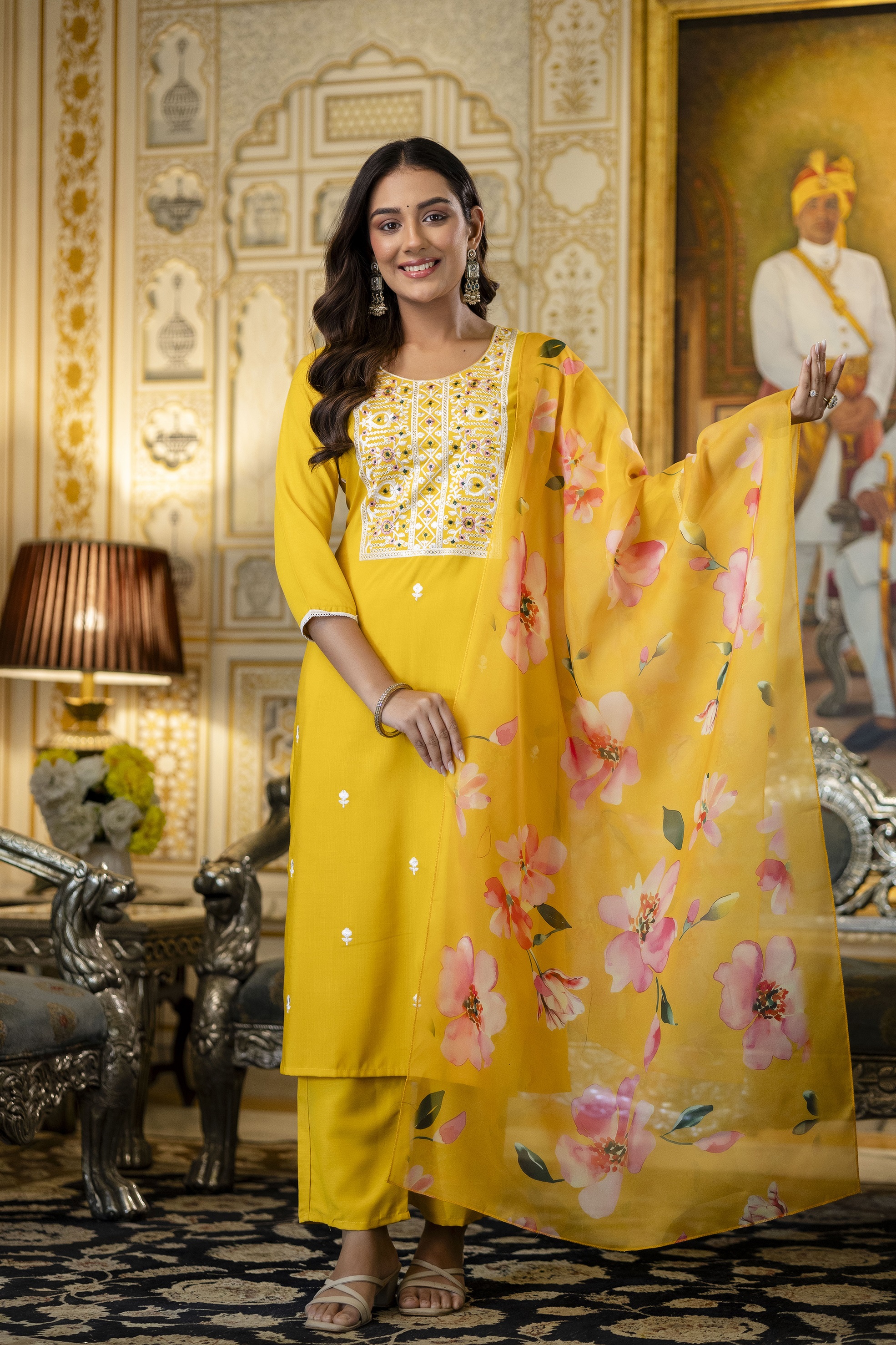 Yellow Rayon Kurta Set with Floral Organza Dupatta