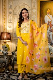 Yellow Rayon Kurta Set with Floral Organza Dupatta - Yellow