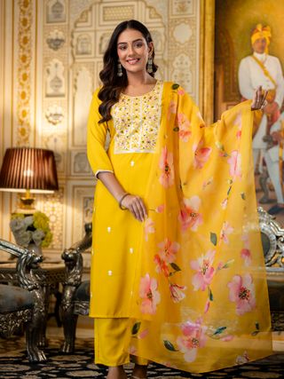Yellow Rayon Kurta Set with Floral Organza Dupatta