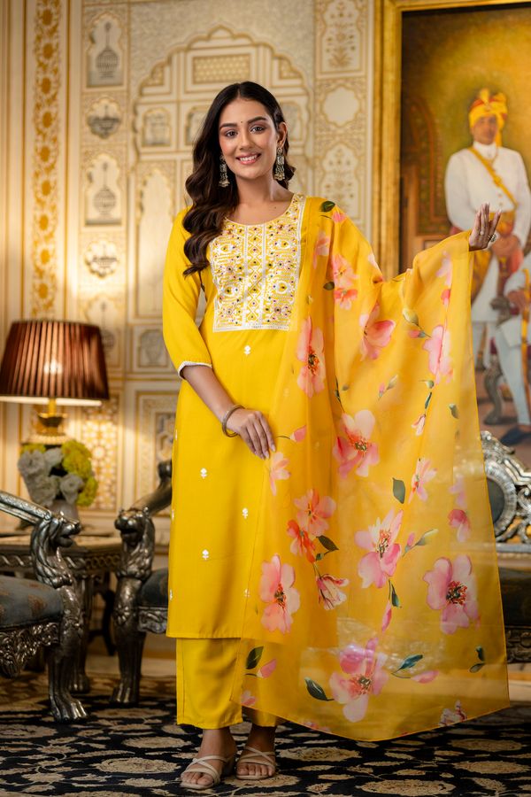 Yellow Rayon Kurta Set with Floral Organza Dupatta