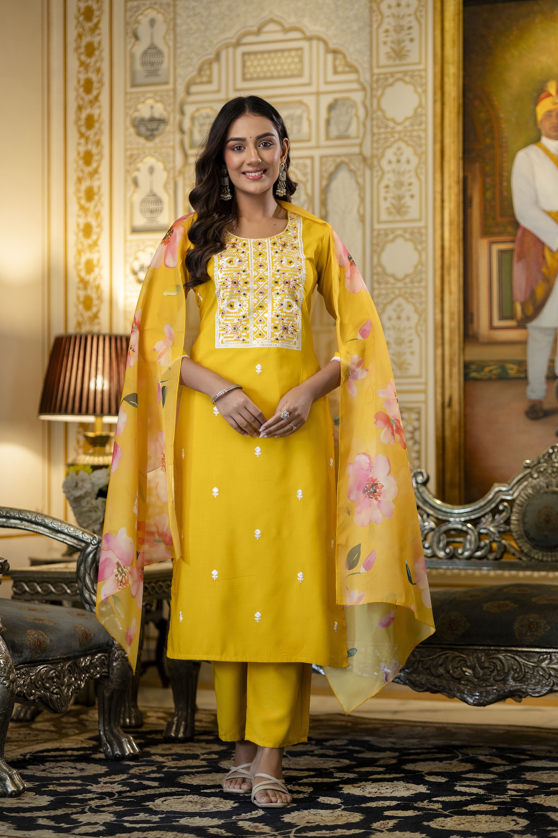 Yellow Rayon Kurta Set with Floral Organza Dupatta