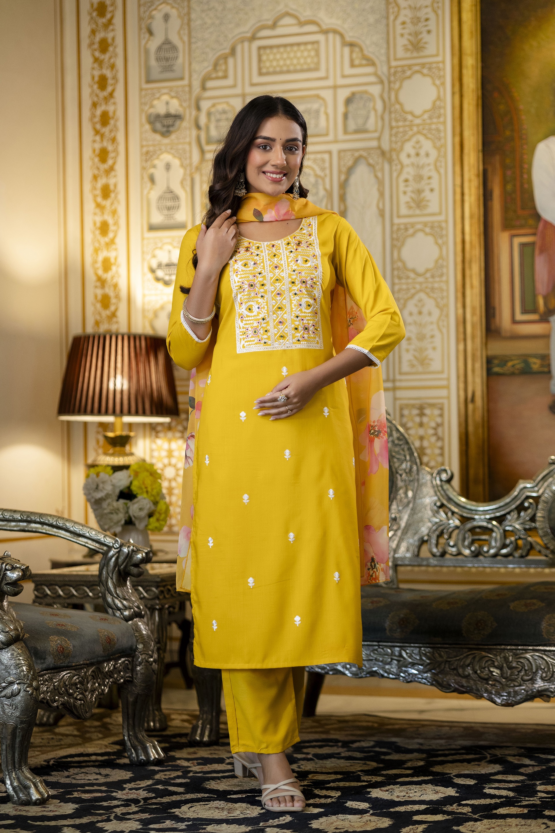 Yellow Rayon Kurta Set with Floral Organza Dupatta