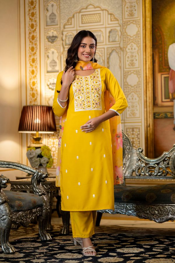 Yellow Rayon Kurta Set with Floral Organza Dupatta