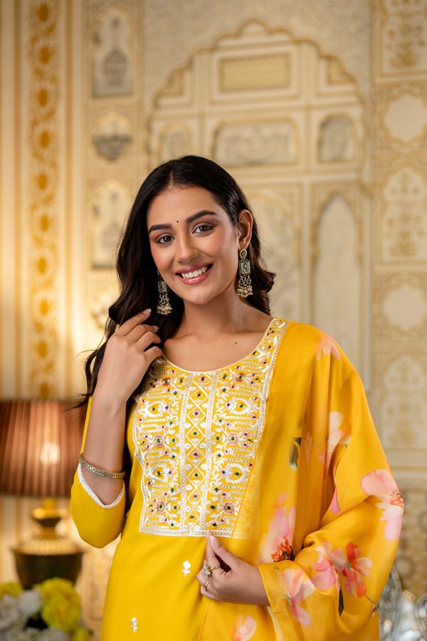 Yellow Rayon Kurta Set with Floral Organza Dupatta