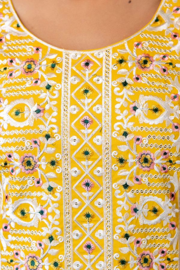 Yellow Rayon Kurta Set with Floral Organza Dupatta