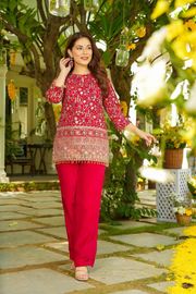 Red Embroidered Crepe Silk Kurta Pant Set for Women - Red