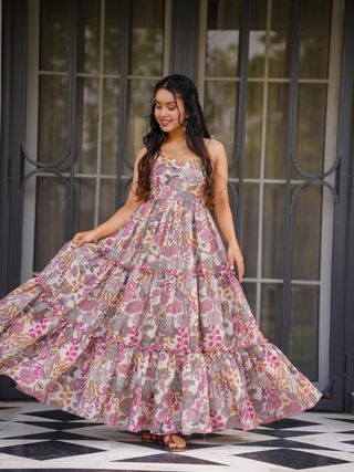 Floral Printed Maxi Dress for Women Sleeveless Tiered