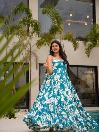 Teal Floral Printed Maxi Dress for Women Summer Wear