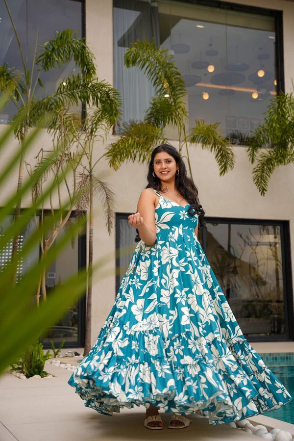 Teal Floral Printed Maxi Dress For Women Summer Wear