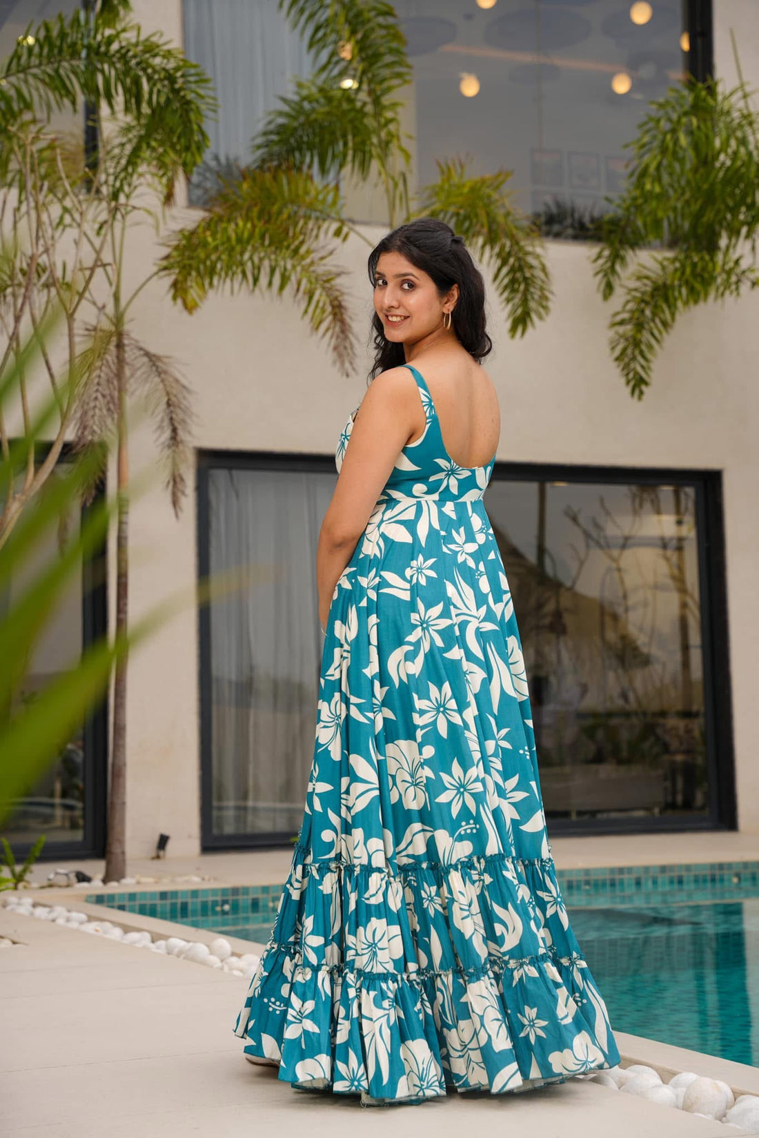 Teal Floral Printed Maxi Dress for Women Summer Wear