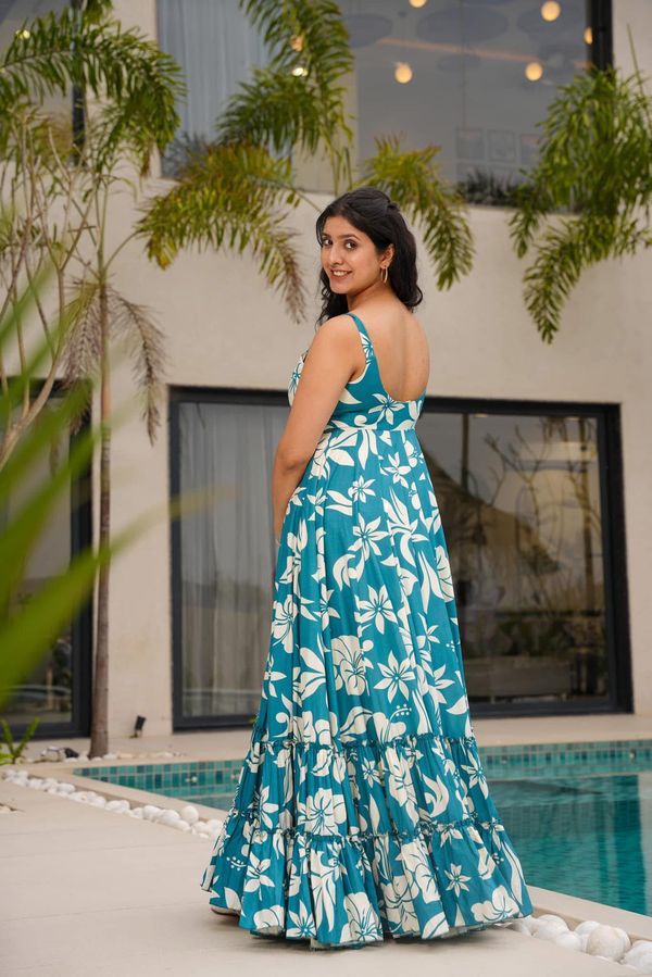 Teal Floral Printed Maxi Dress for Women Summer Wear