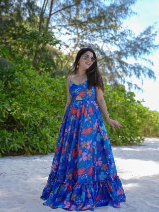 Blue Floral Printed Maxi Dress for Women Beach Wear