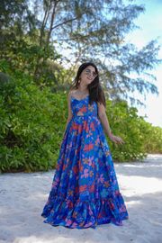 Blue Floral Printed Maxi Dress for Women Beach Wear - Blue
