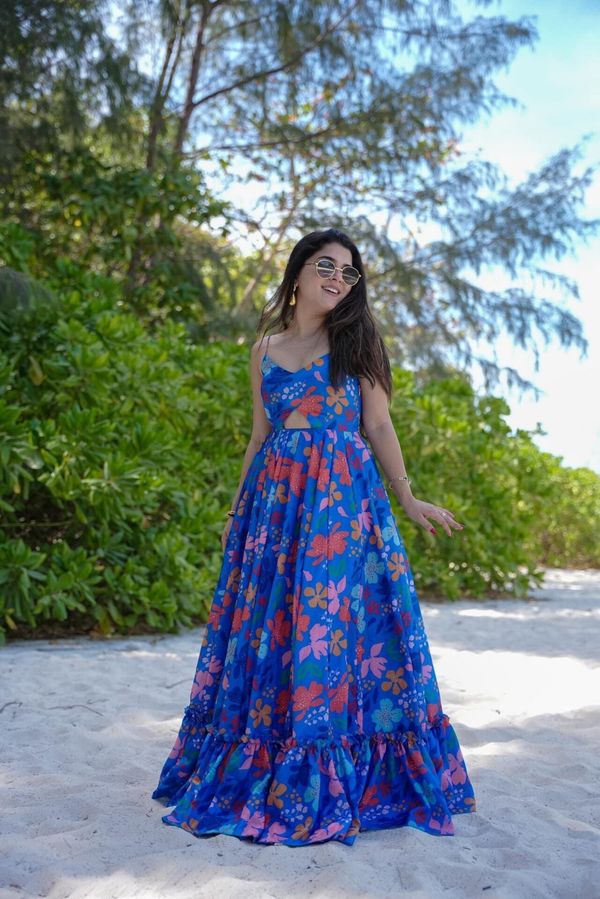 Blue Floral Printed Maxi Dress for Women Beach Wear