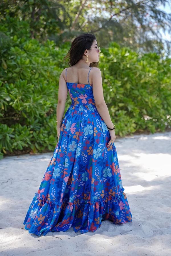 Blue Floral Printed Maxi Dress for Women Beach Wear