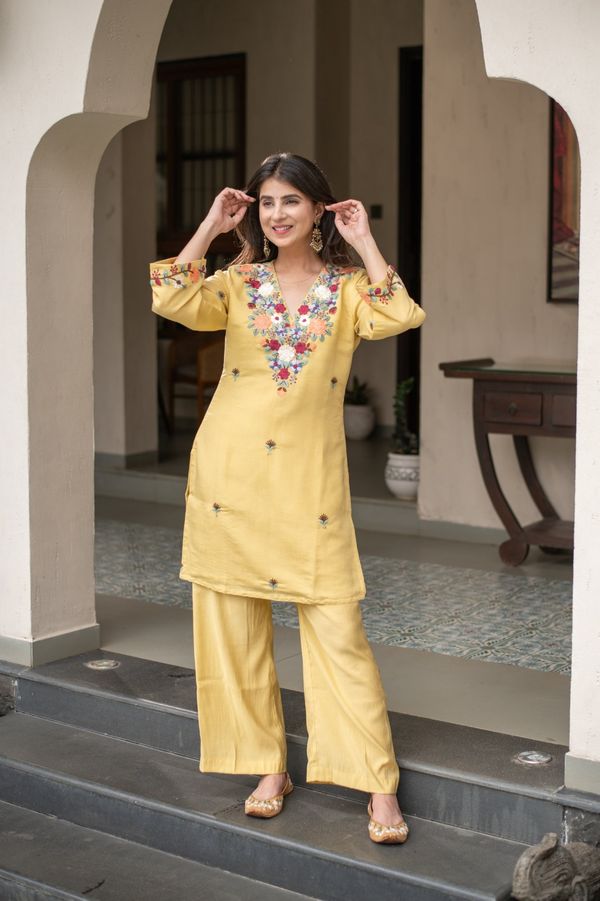 Mustard Embroidered Kurti Pant Set for Women Festive