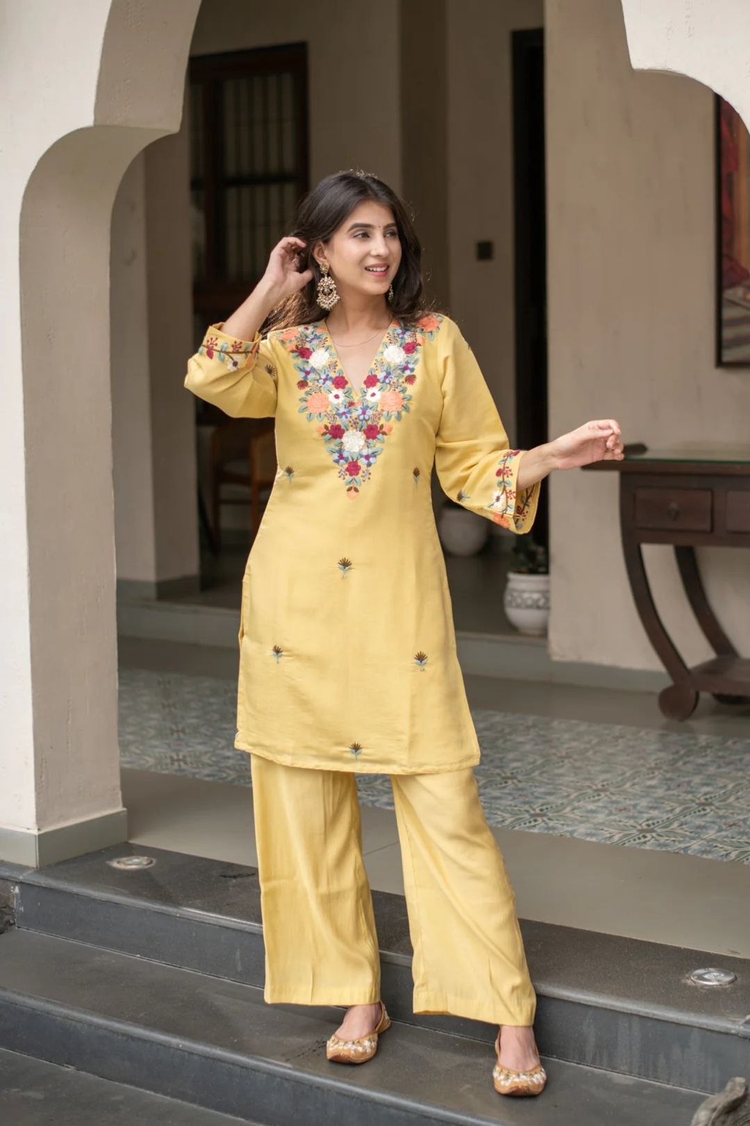 Mustard Embroidered Kurti Pant Set for Women Festive