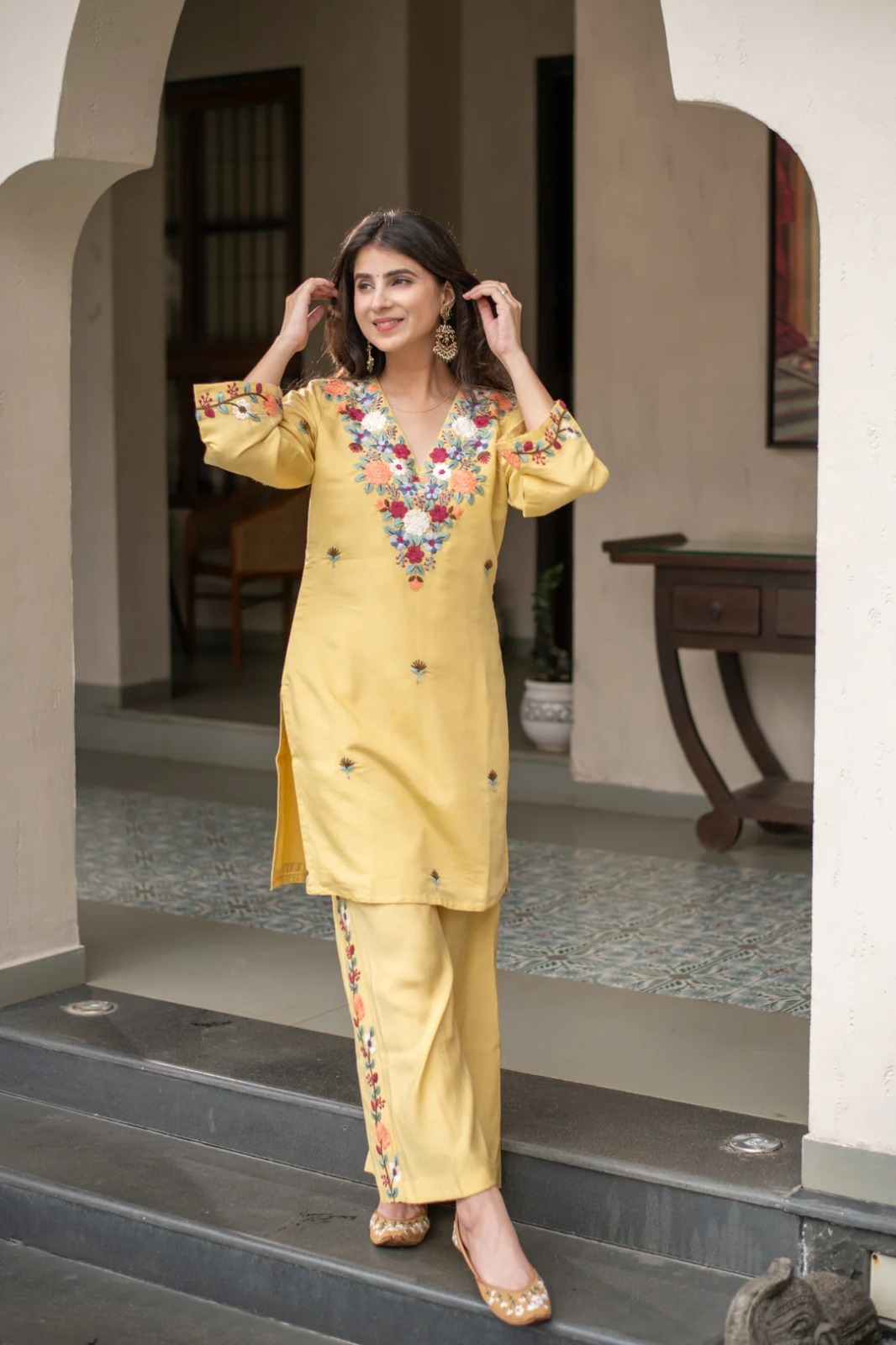 Mustard Embroidered Kurti Pant Set for Women Festive