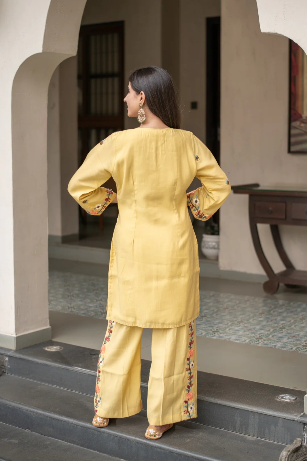 Mustard Embroidered Kurti Pant Set for Women Festive