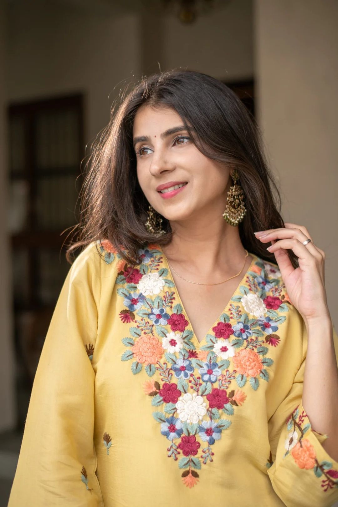 Mustard Embroidered Kurti Pant Set for Women Festive