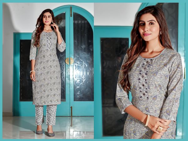 Grey Printed Cotton Kurti Pant Set for Women Daily Wear