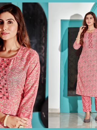 Peach Printed Cotton Kurti Pant Set for Women Casual