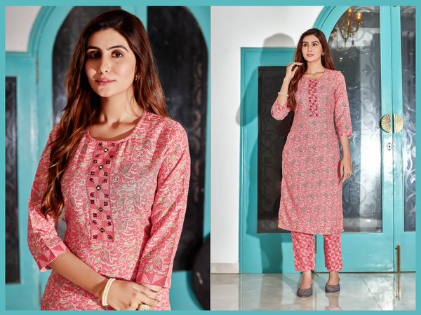 Peach Printed Cotton Kurti Pant Set for Women Casual