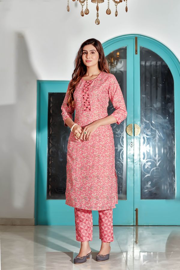 Peach Printed Cotton Kurti Pant Set for Women Casual
