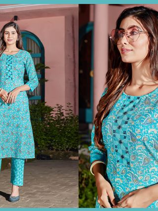 Sky Blue Printed Cotton Kurti Pant Set for Women