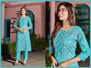 Sky Blue Printed Cotton Kurti Pant Set for Women - Sky Blue